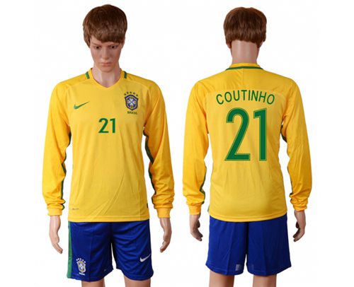 Brazil #21 Coutinho Home Long Sleeves Soccer Country Jersey